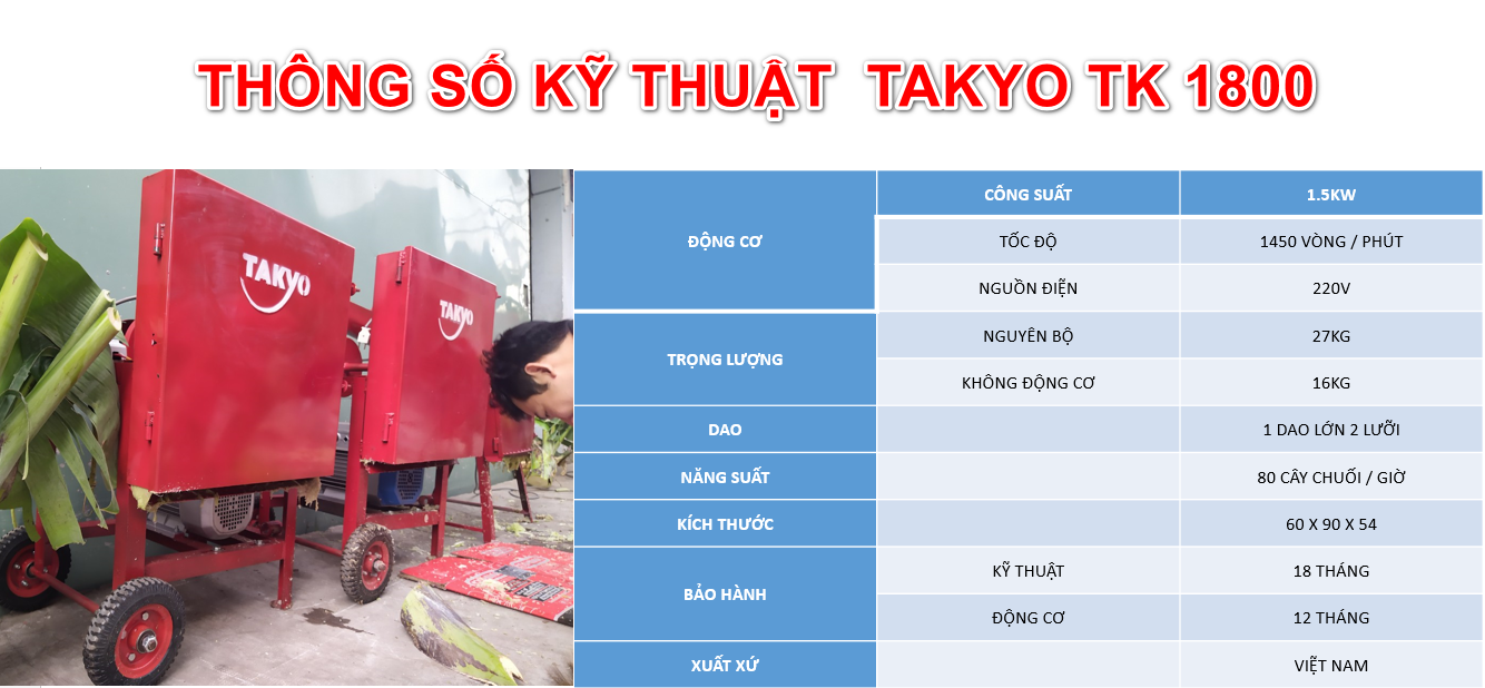 THông số kỹ thuật máy băm chuối Takyo Tk 1800