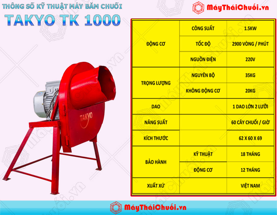 Thông số kỹ thuật máy băm chuối nghiêng Takyo TK 1000
