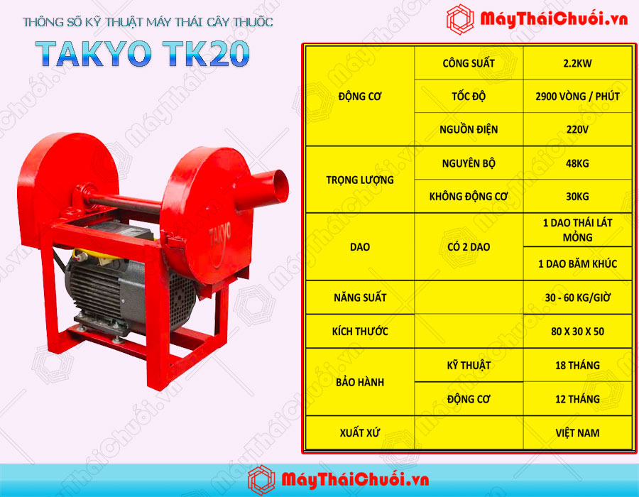 Thông số kỹ thuật máy thái cây thuốc nam Takyo TK 20